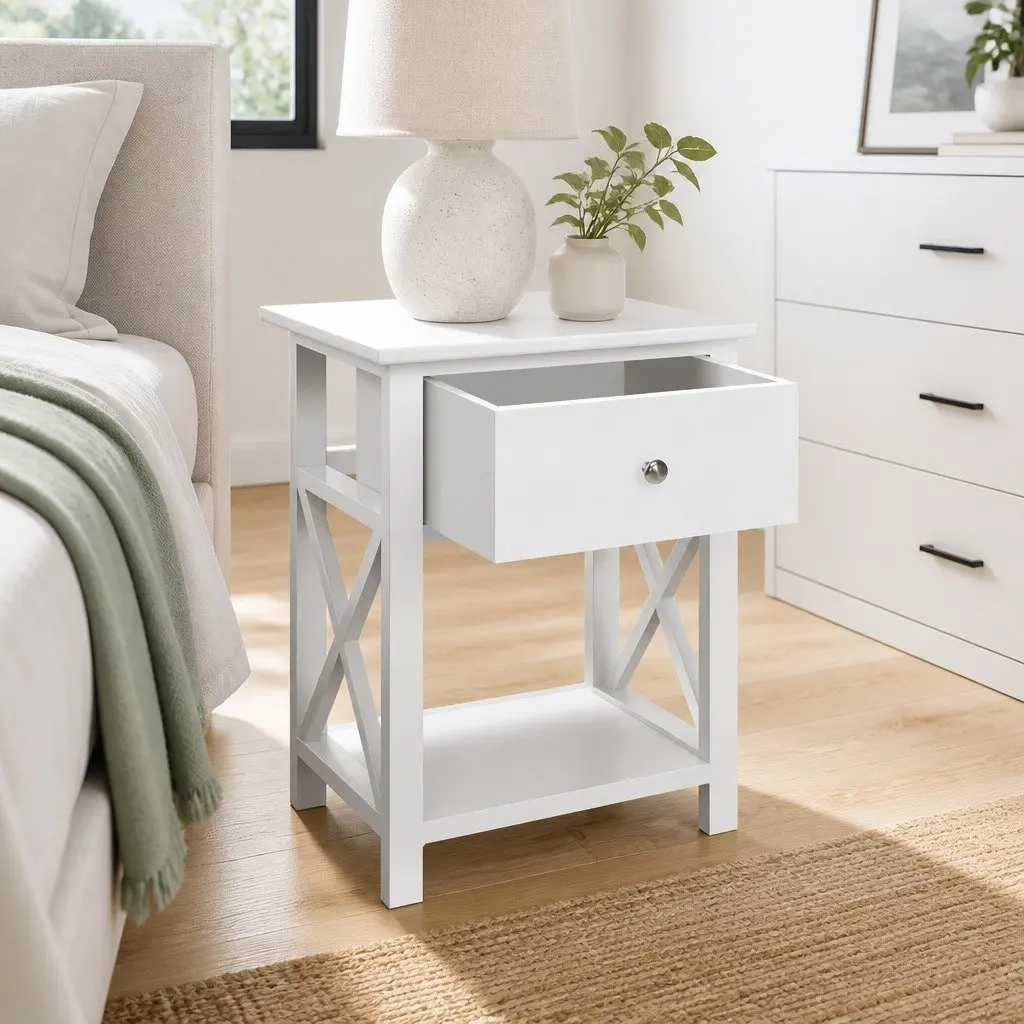 Bedside Table Storage Nightstand 40cm x 30cm x 54cm White Rustic Wood