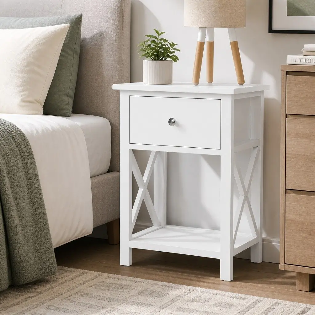 Bedside Table Storage Nightstand 40cm x 30cm x 54cm White Rustic Wood