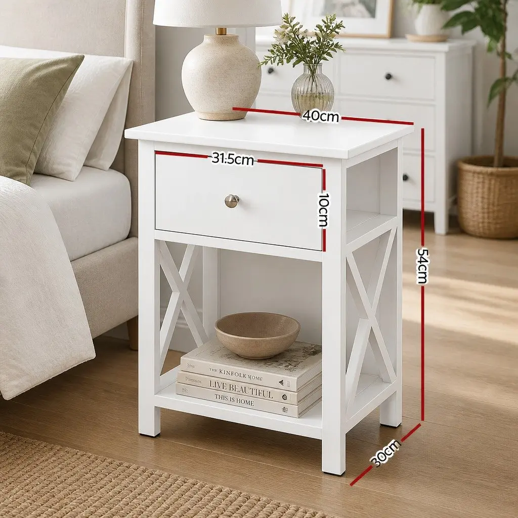 Bedside Table Storage Nightstand 40cm x 30cm x 54cm White Rustic Wood