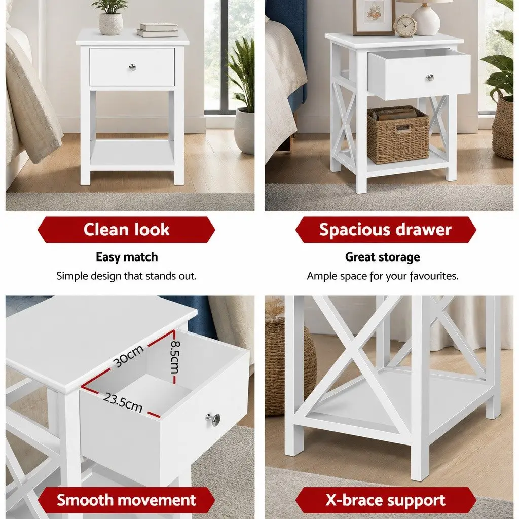 Bedside Table Storage Nightstand 40cm x 30cm x 54cm White Rustic Wood