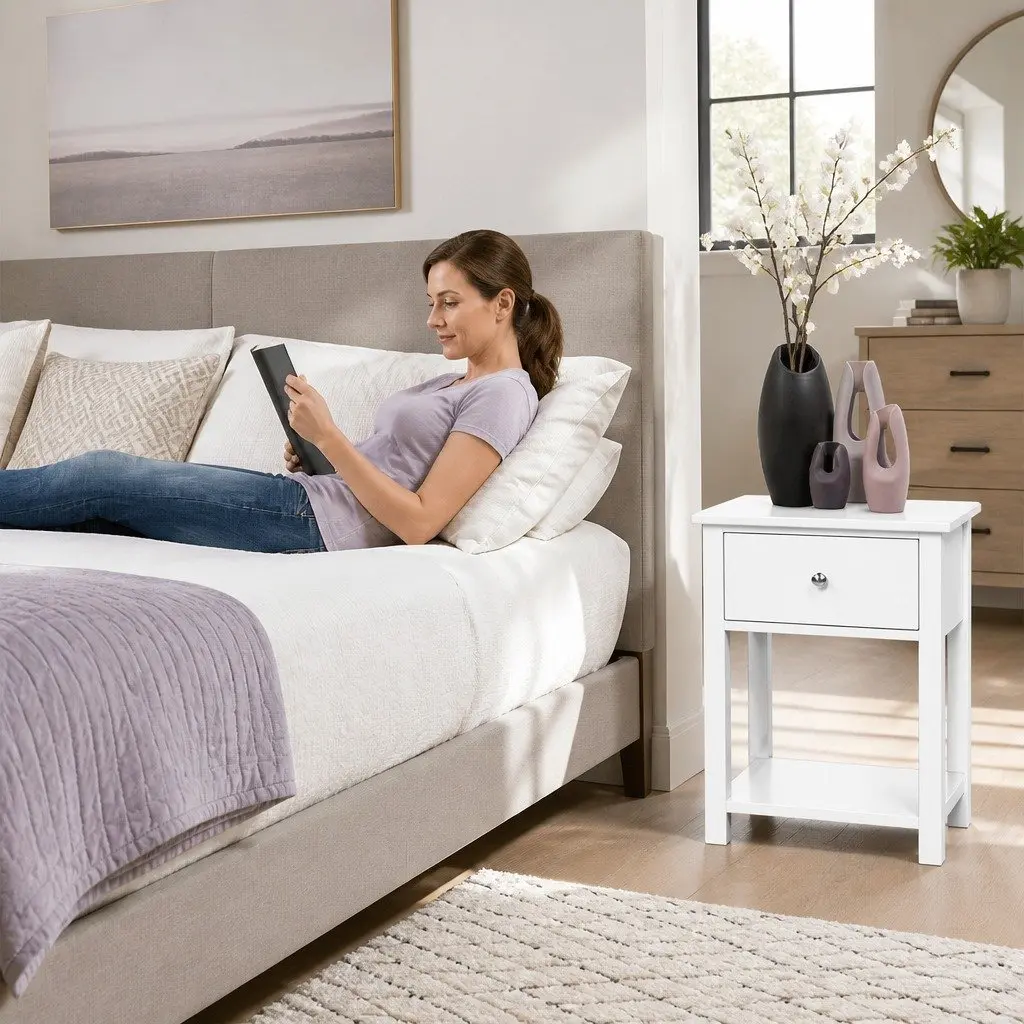 Bedside Table Storage Nightstand 40cm x 30cm x 54cm White Rustic Wood