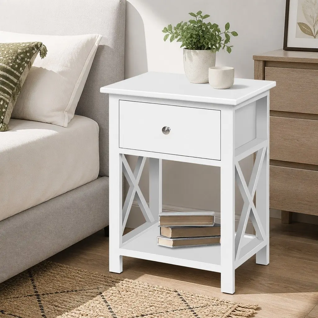 Bedside Table Storage Nightstand 40cm x 30cm x 54cm White Rustic Wood