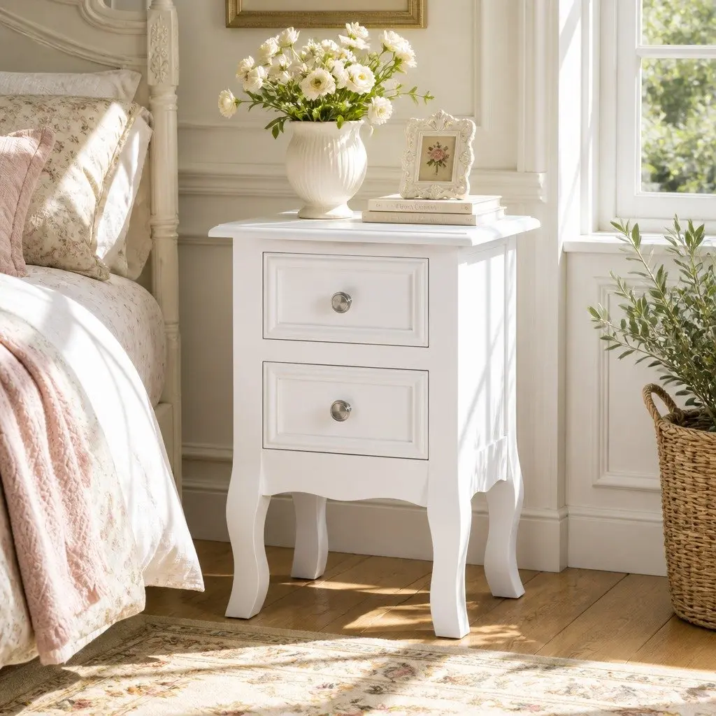Bedside Table Storage 2 Drawers White Curved Legs Bedroom Furniture