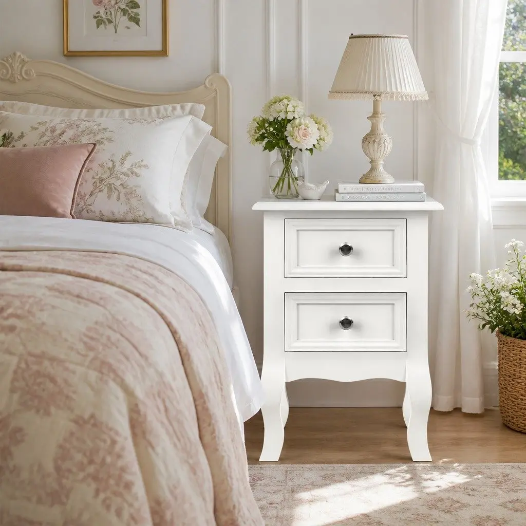 Bedside Table Storage 2 Drawers White Curved Legs Bedroom Furniture