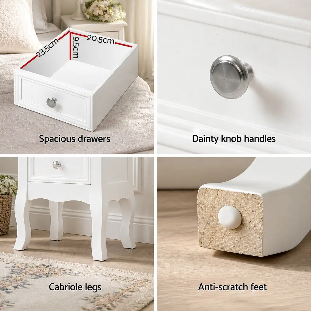 Bedside Table Storage 2 Drawers White Curved Legs Bedroom Furniture