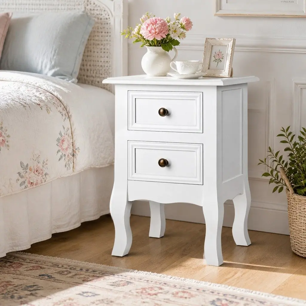 Bedside Table Storage 2 Drawers White Curved Legs Bedroom Furniture