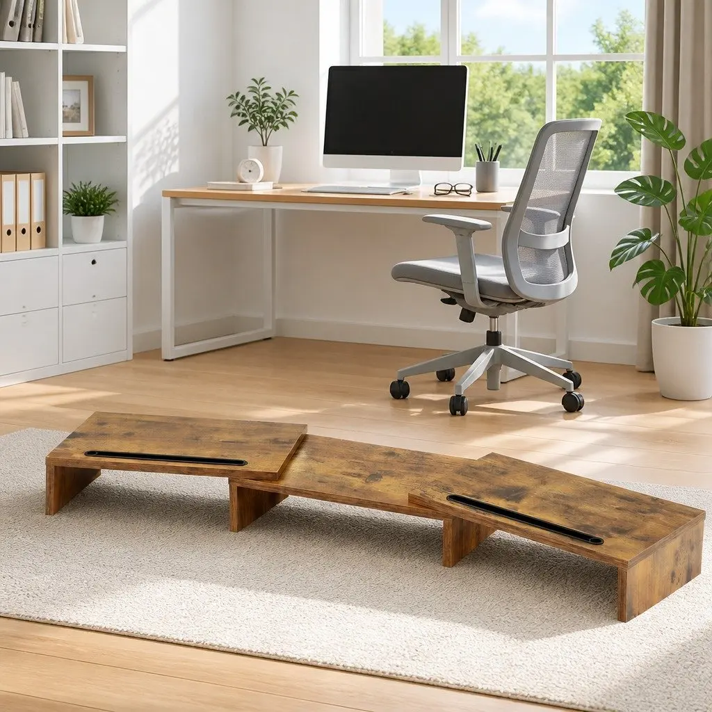 Dual Monitor Stand Riser Ergonomic Viewing Height Rotating Top Brown