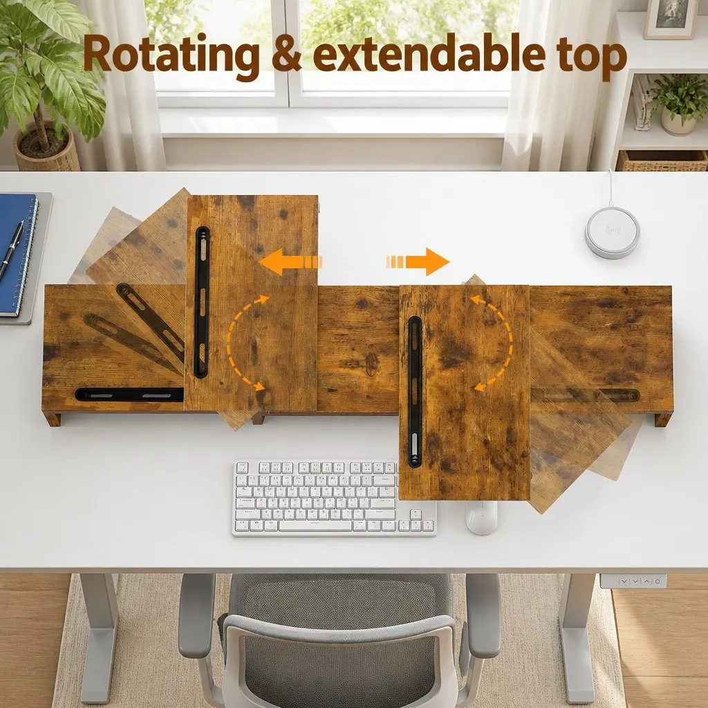 Dual Monitor Stand Riser Ergonomic Viewing Height Rotating Top Brown