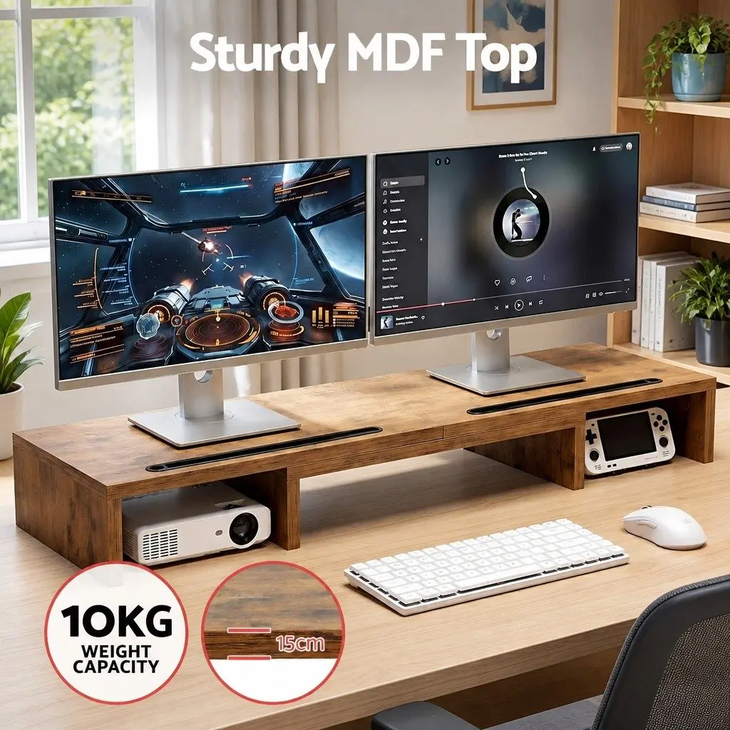 Dual Monitor Stand Riser Ergonomic Viewing Height Rotating Top Brown