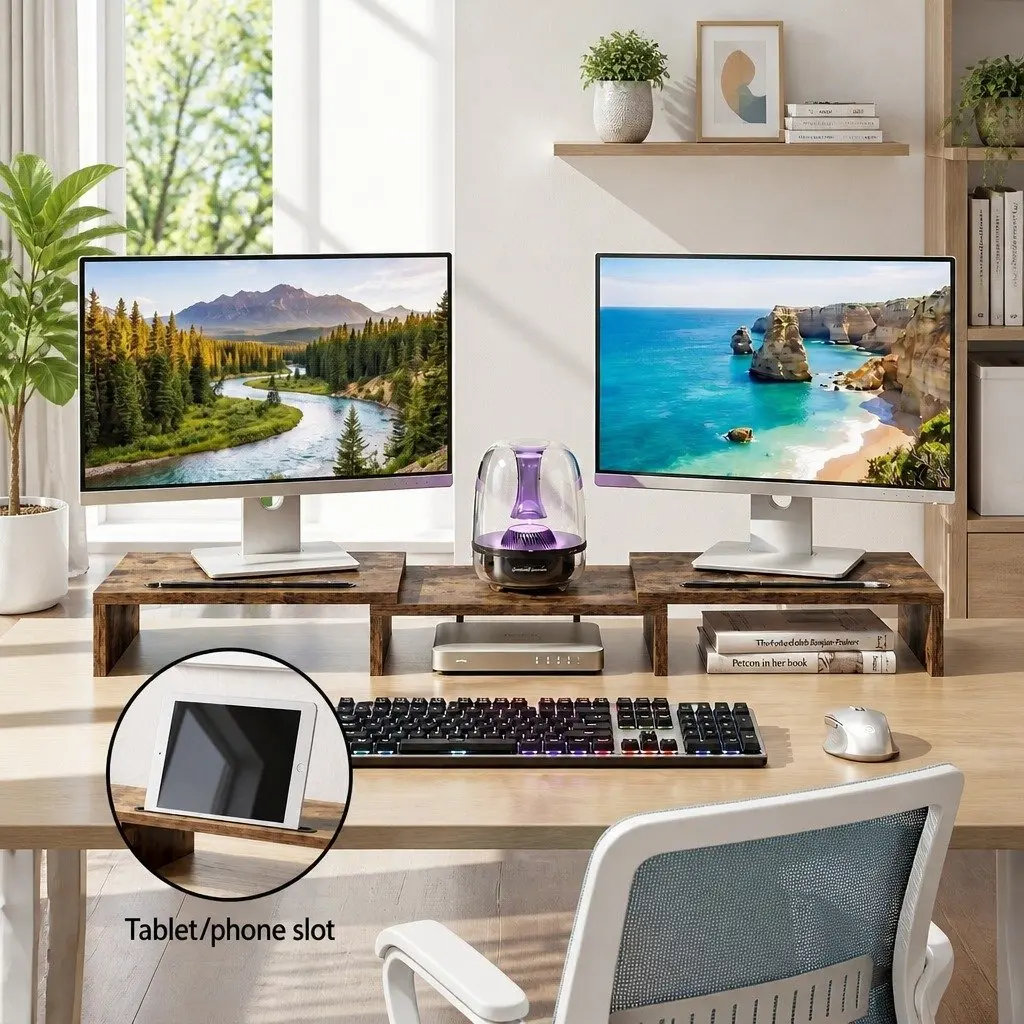 Dual Monitor Stand Riser Ergonomic Viewing Height Rotating Top Brown