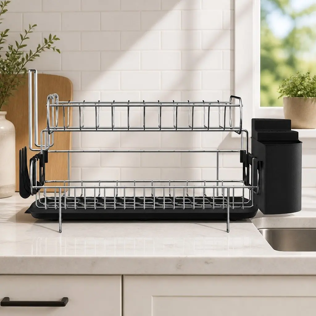 2-Tier Dish Rack Drying Drainer Kitchen Organiser Black