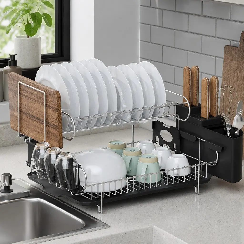 2-Tier Dish Rack Drying Drainer Kitchen Organiser Black