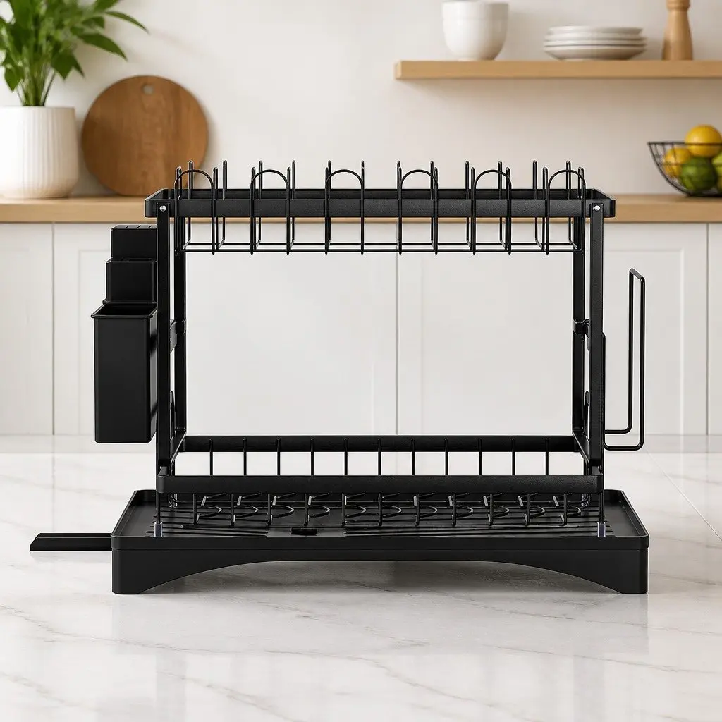 Dish Rack 2 Tier Expandable Drying Drainer with Cutlery Holder Black