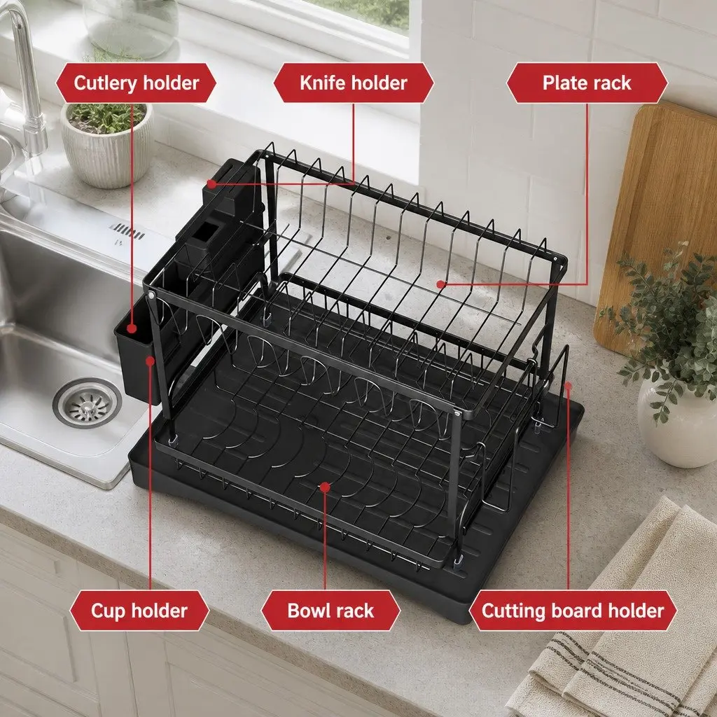 Dish Rack 2 Tier Expandable Drying Drainer with Cutlery Holder Black