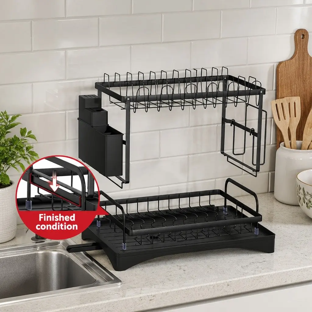 Dish Rack 2 Tier Expandable Drying Drainer with Cutlery Holder Black