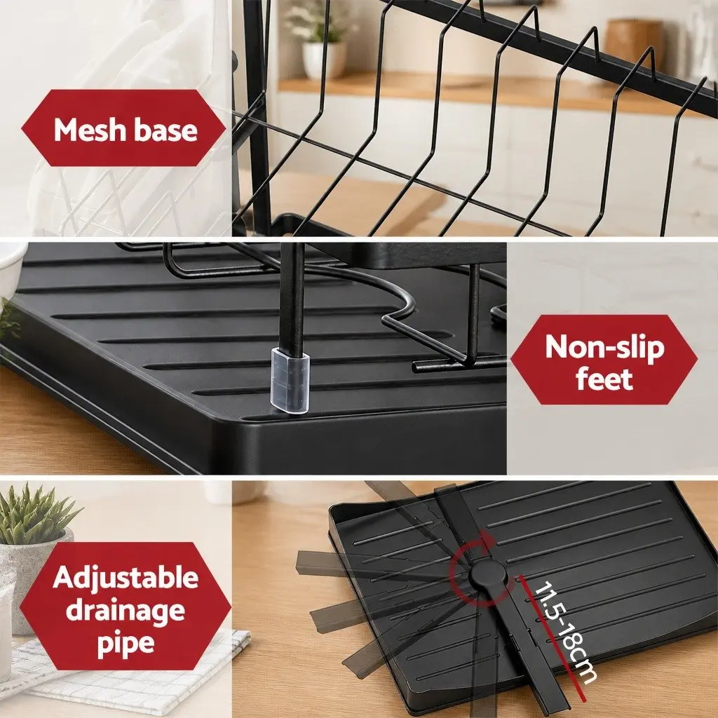 Dish Rack 2 Tier Expandable Drying Drainer with Cutlery Holder Black