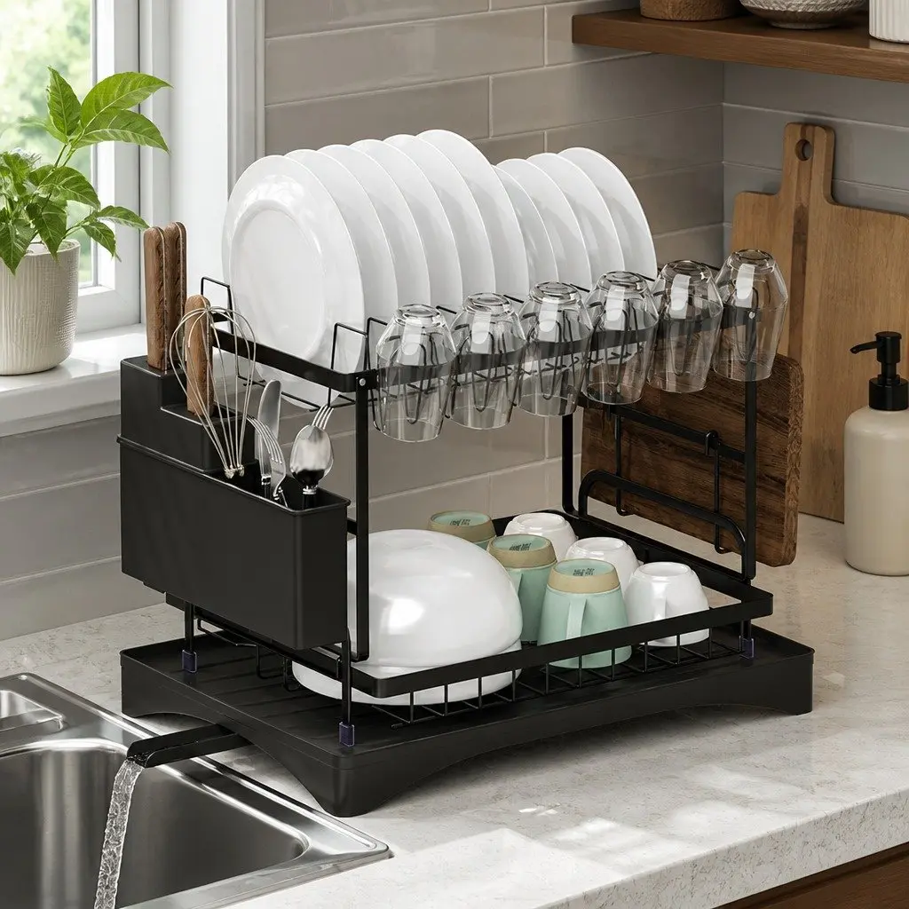 Dish Rack 2 Tier Expandable Drying Drainer with Cutlery Holder Black