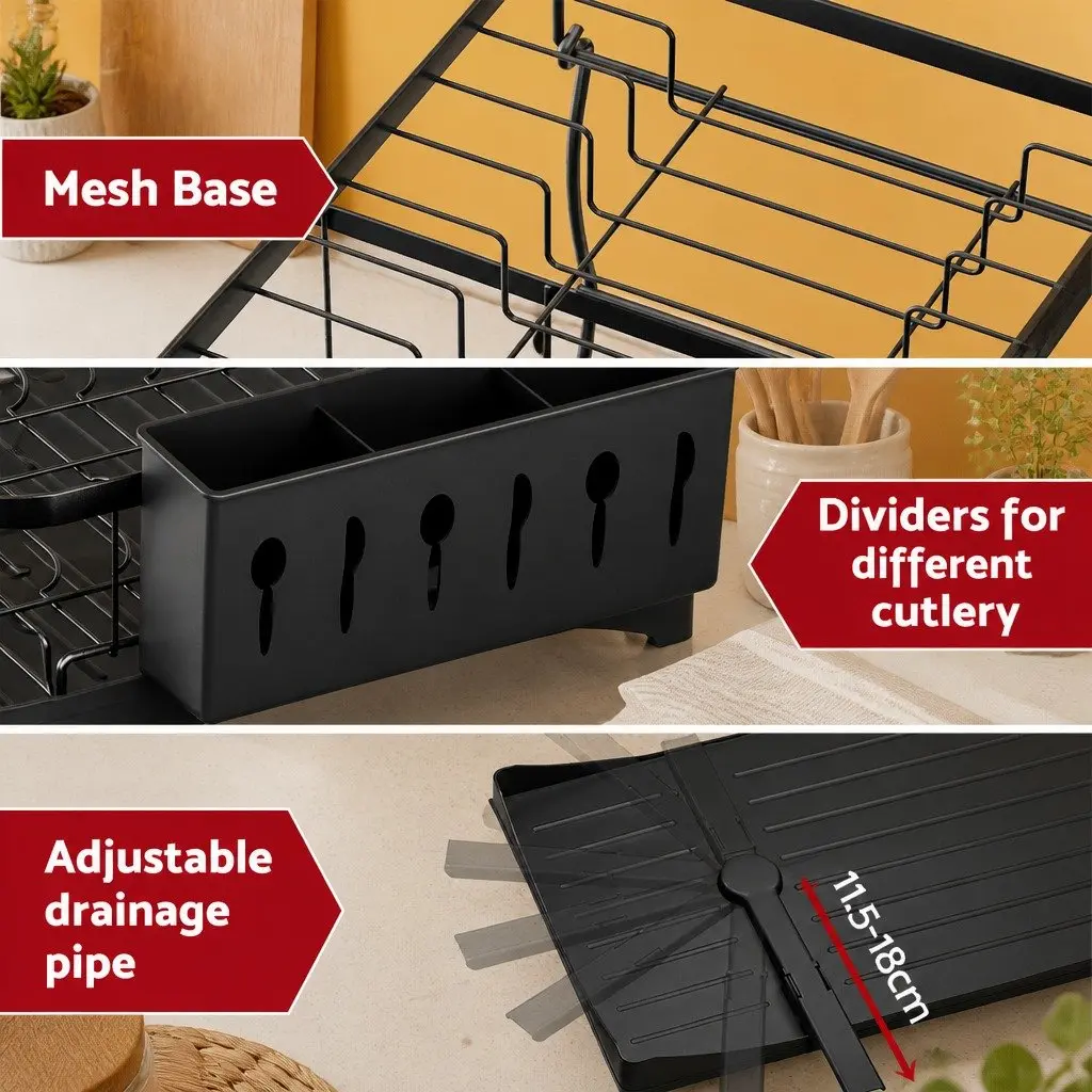 2 Tier Dish Rack Expandable Kitchen Drying Drainer with Cutlery Holder Black