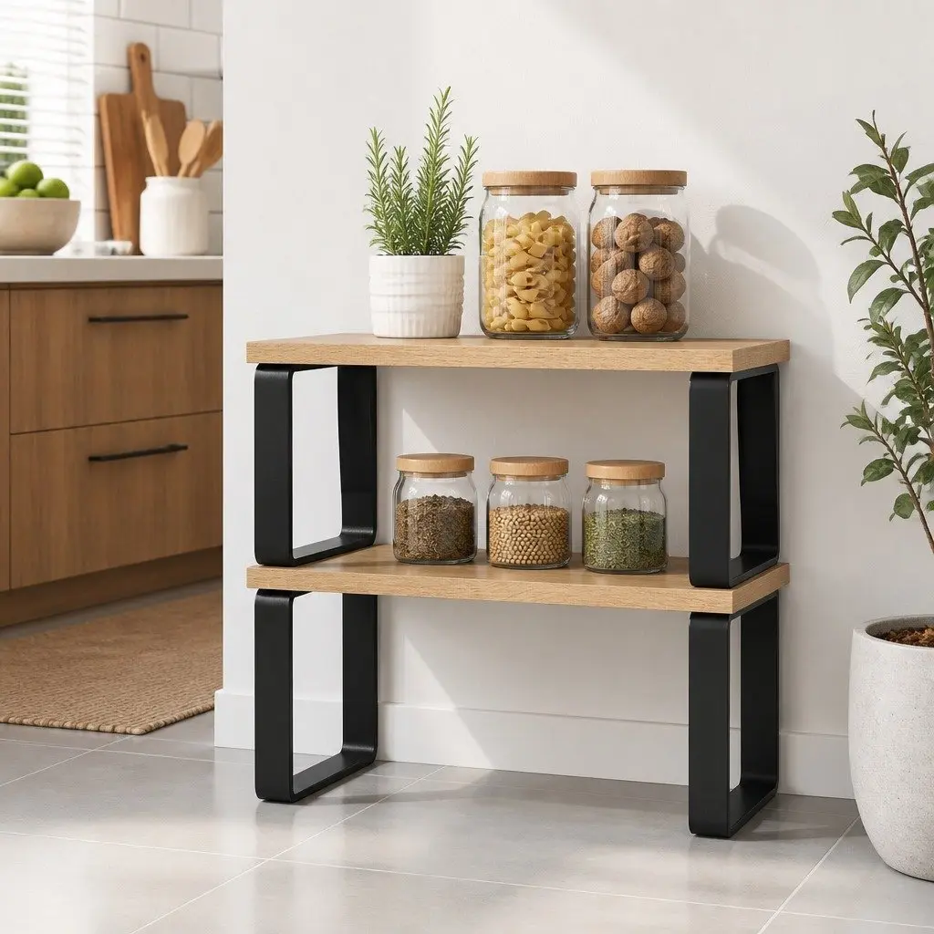 Kitchen Storage Shelves Rack Organiser Set of 2 Pine Wood Metal 31.5 x 18.5 x 14.7 cm