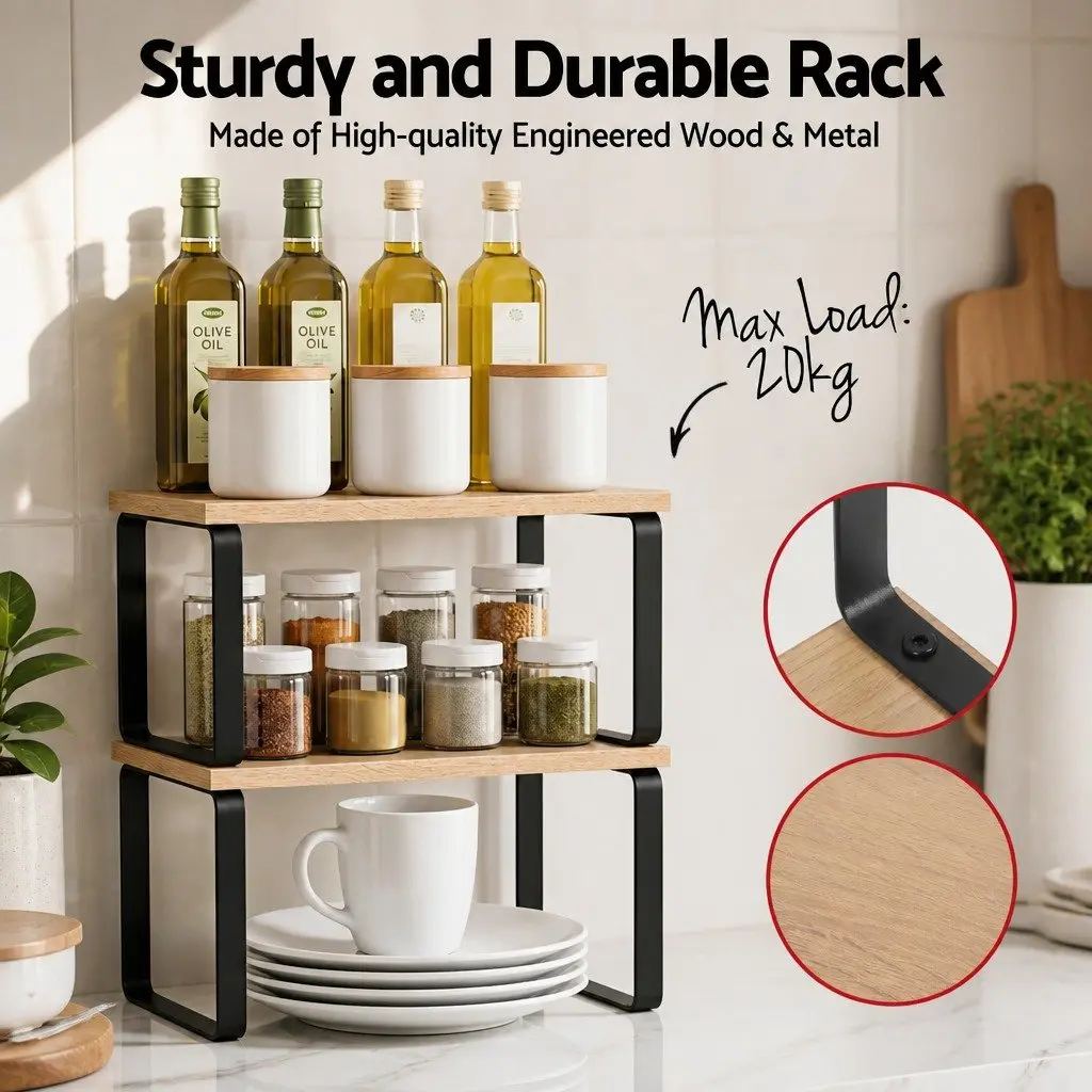 Kitchen Storage Shelves Rack Organiser Set of 2 Pine Wood Metal 31.5 x 18.5 x 14.7 cm
