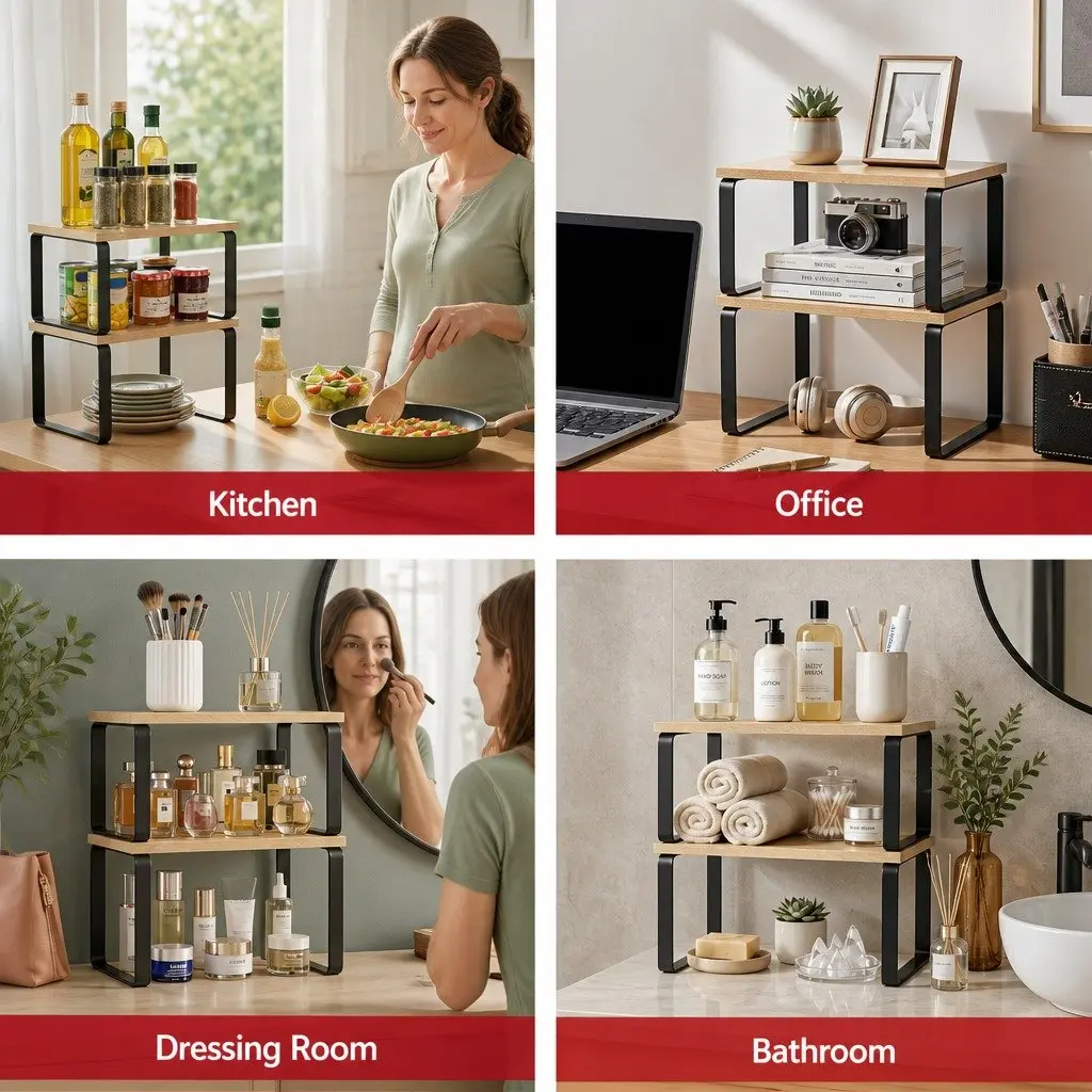 Kitchen Storage Shelves Rack Organiser Set of 2 Pine Wood Metal 31.5 x 18.5 x 14.7 cm