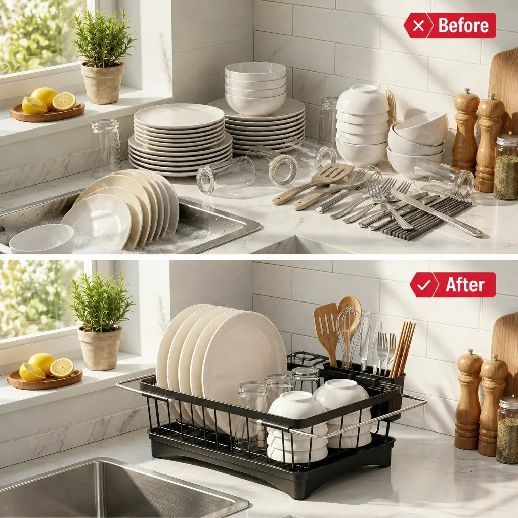 Dish Drying Rack Kitchen Sink Organiser Black 49cm x 28cm x 13cm