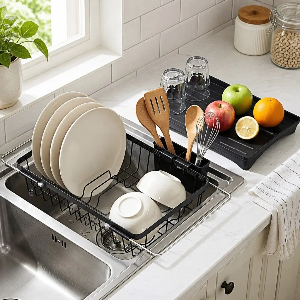 Dish Drying Rack Kitchen Sink Organiser Black 49cm x 28cm x 13cm