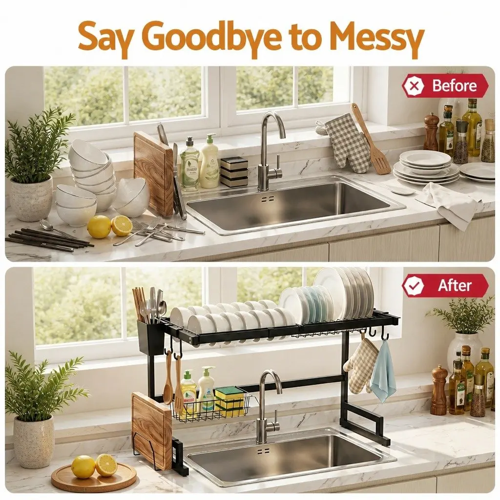 Dish Drying Rack 2 Tier Over Sink Kitchen Organiser Storage Drainer Black