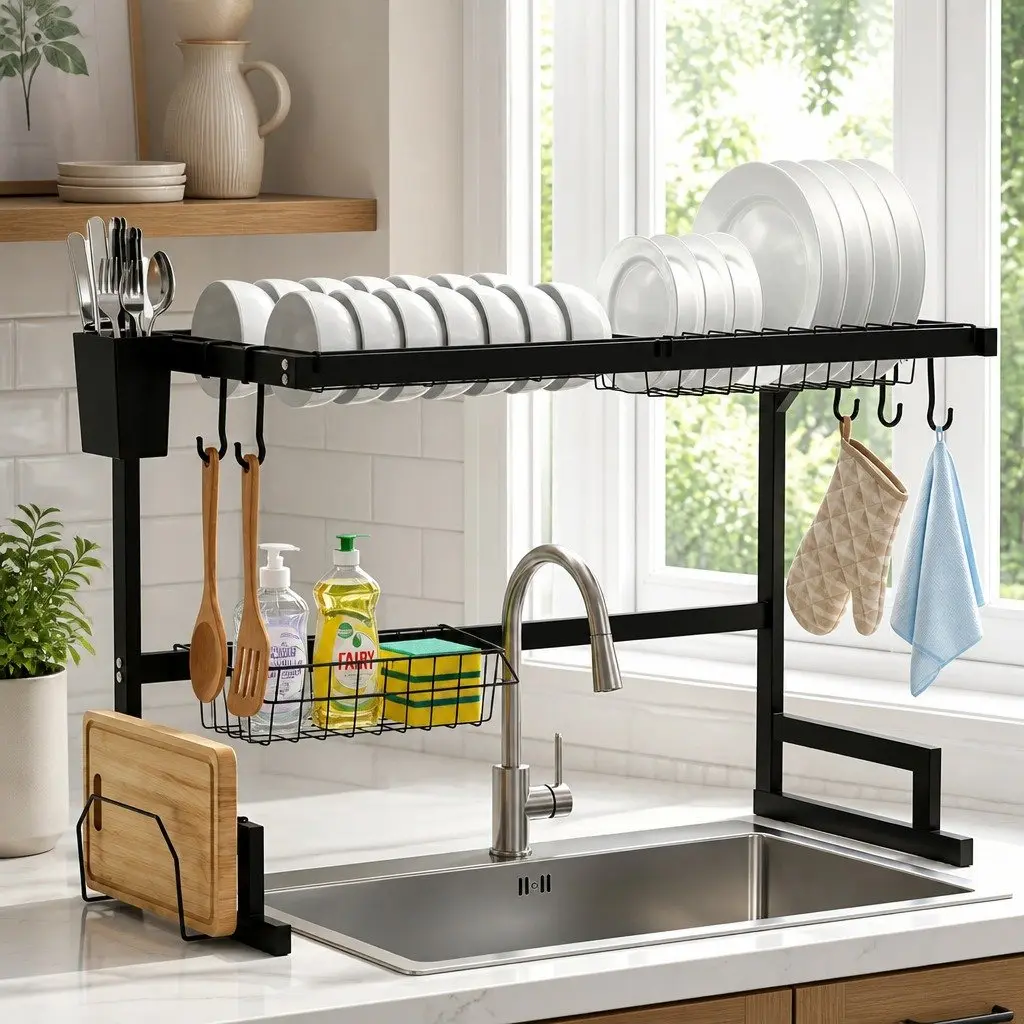 Dish Drying Rack 2 Tier Over Sink Kitchen Organiser Storage Drainer Black