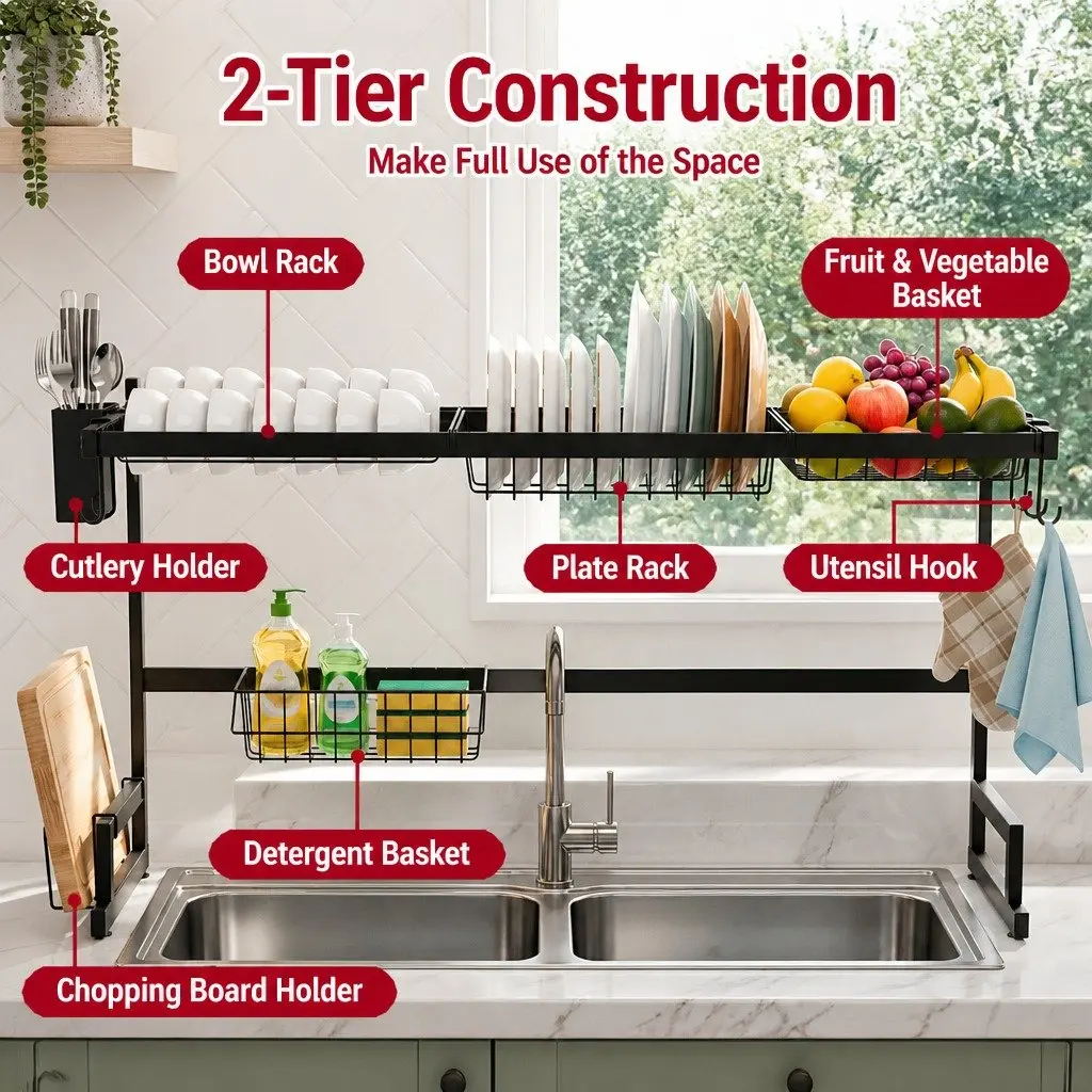 Dish Drying Rack Over Sink 2 Tier Kitchen Organiser Storage Black