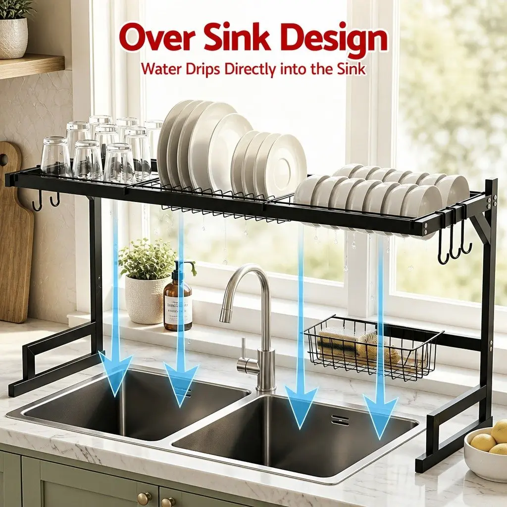 Dish Drying Rack Over Sink 2 Tier Kitchen Organiser Storage Black
