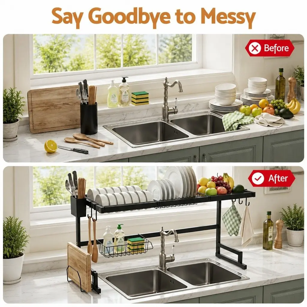 Dish Drying Rack Over Sink 2 Tier Kitchen Organiser Storage Black