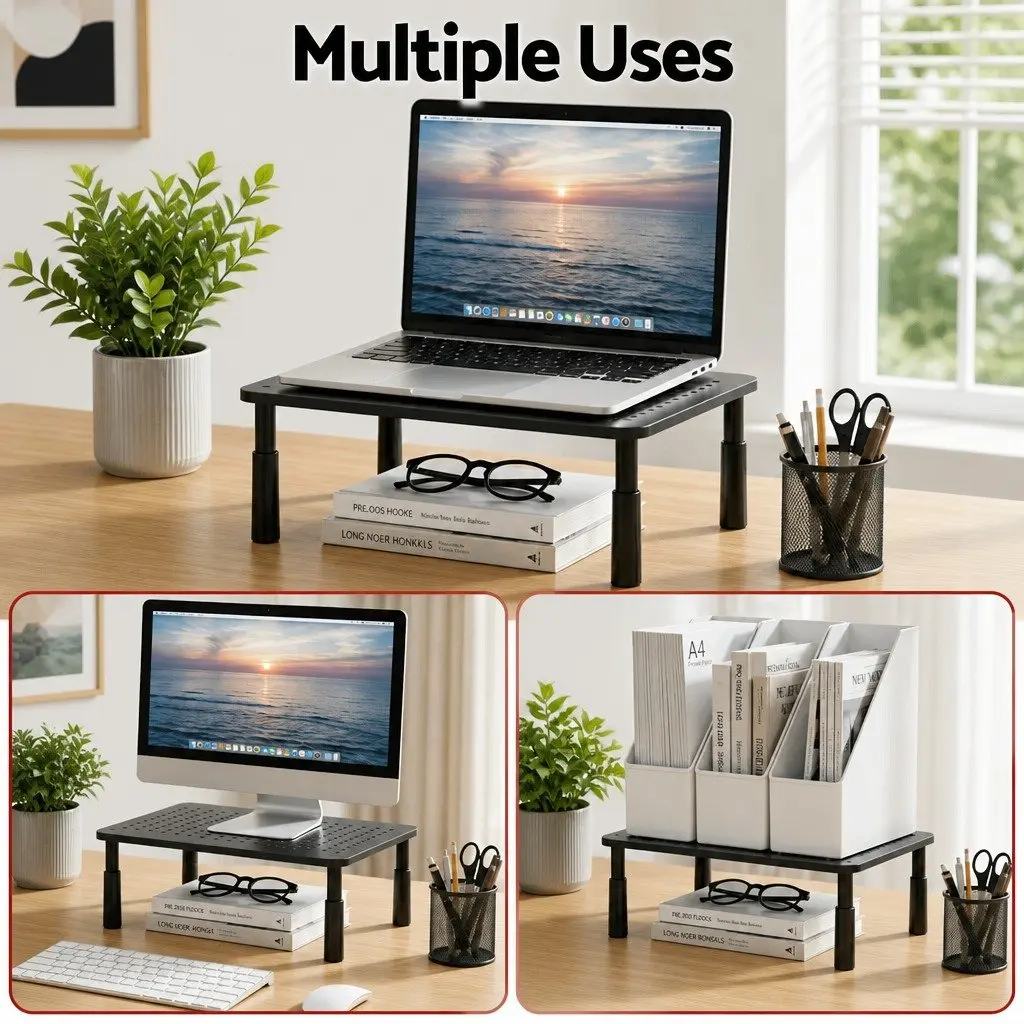 Monitor Stand Adjustable Riser Desk Organizer 37 x 23.5 cm Black