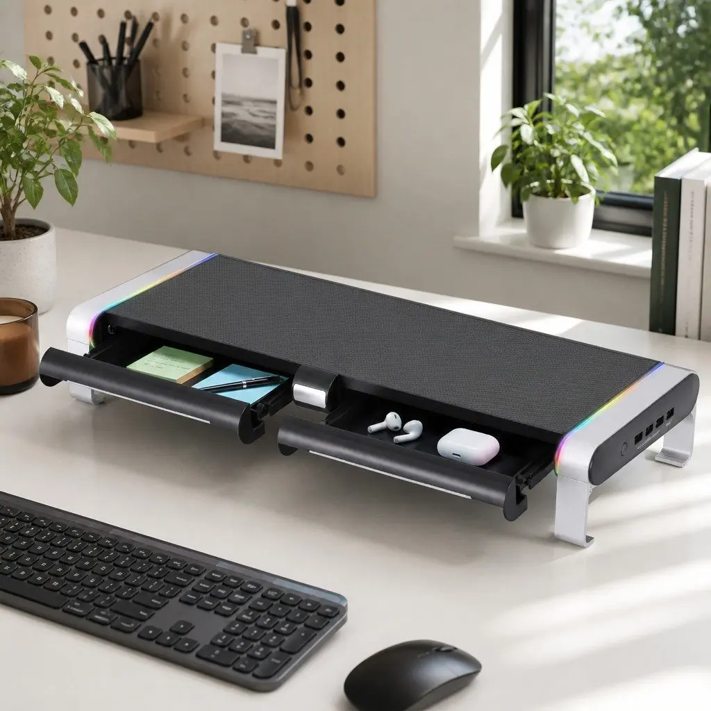 Monitor Stand with USB Hub Desk Organiser RGB Lighting Computer Riser Black