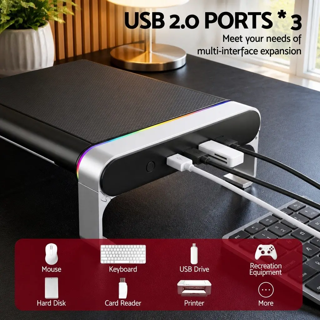 Monitor Stand with USB Hub Desk Organiser RGB Lighting Computer Riser Black