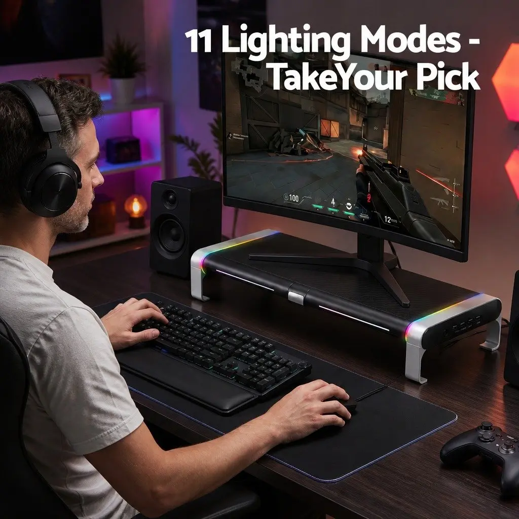 Monitor Stand with USB Hub Desk Organiser RGB Lighting Computer Riser Black