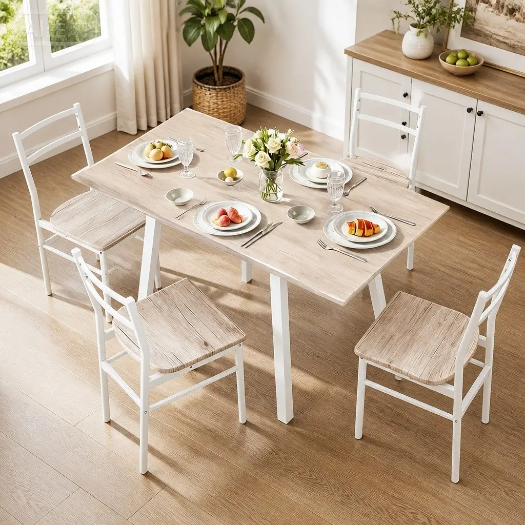 Dining Table and Chairs Set 5 Piece Foldable Kitchen Furniture Compact Natural Wood Look White Frame