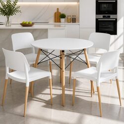 Dining Table and 4 Chairs Set Round White 100cm Kitchen Furniture Beech Wood