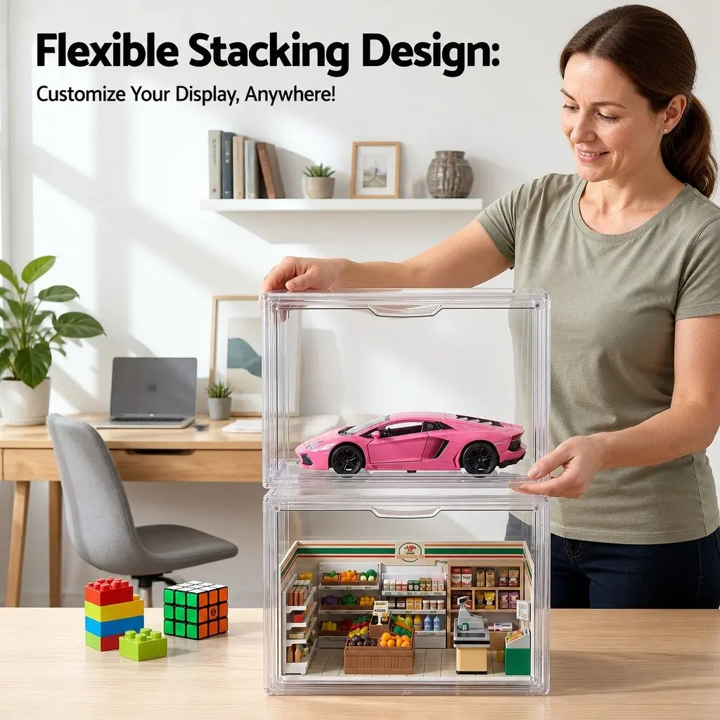 Clear Acrylic Display Case 2 Pack Stackable Storage Box Toys Collectibles