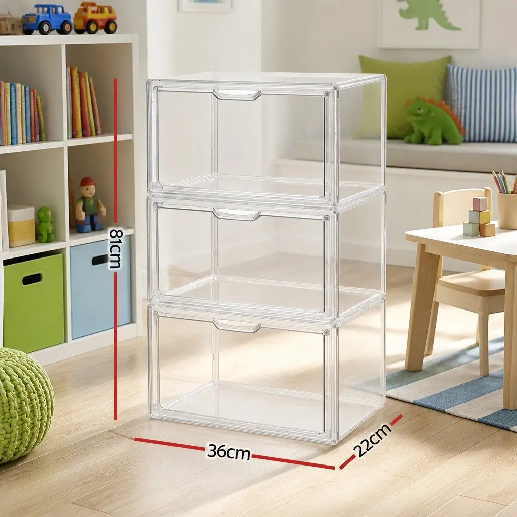 Clear Acrylic Display Case 3 Pack Stackable Toy Storage Box Magnetic Door Dust Protection