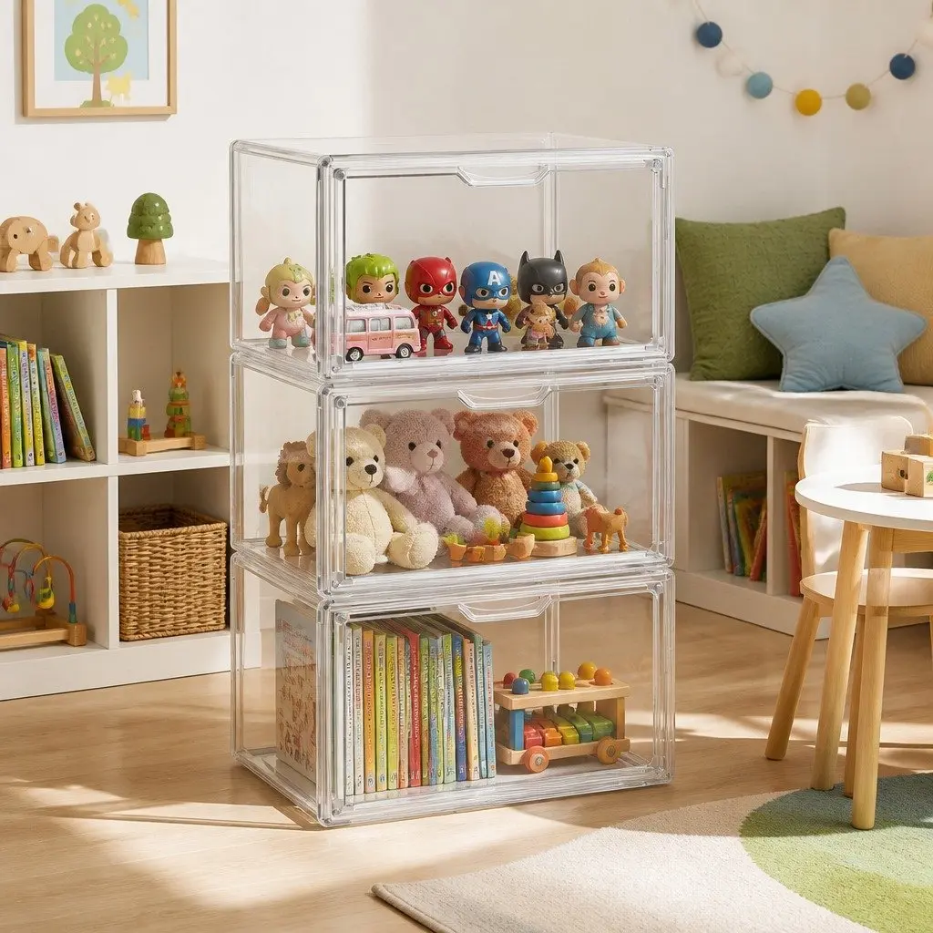 Clear Acrylic Display Case 3 Pack Stackable Toy Storage Box Magnetic Door Dust Protection