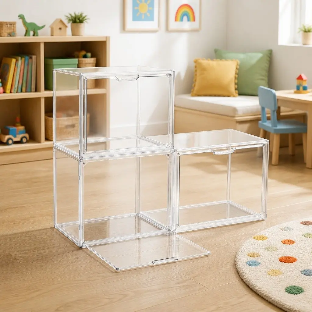 Clear Acrylic Display Case 3 Pack Stackable Toy Storage Box Magnetic Door Dust Protection