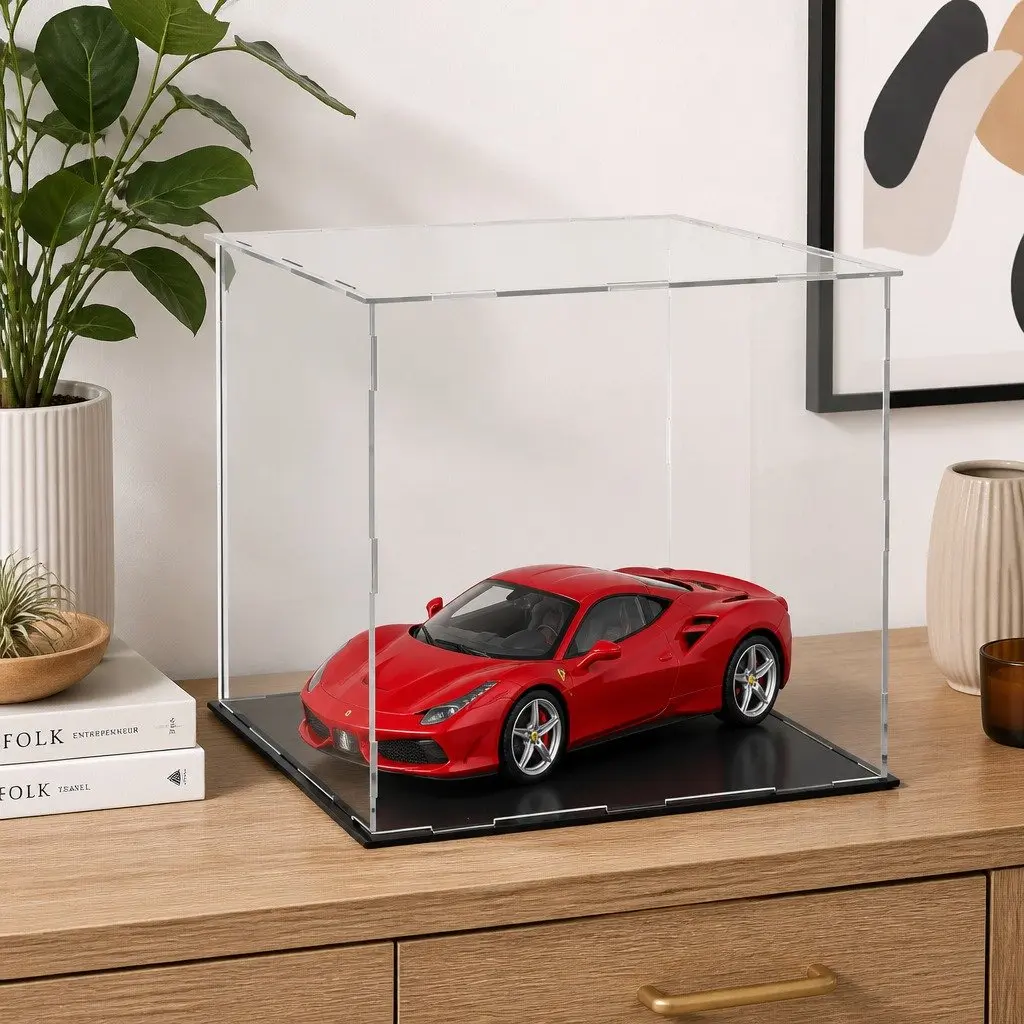 Acrylic Display Case Dustproof Box for Collectibles 30x30x30cm Transparent with Black Base