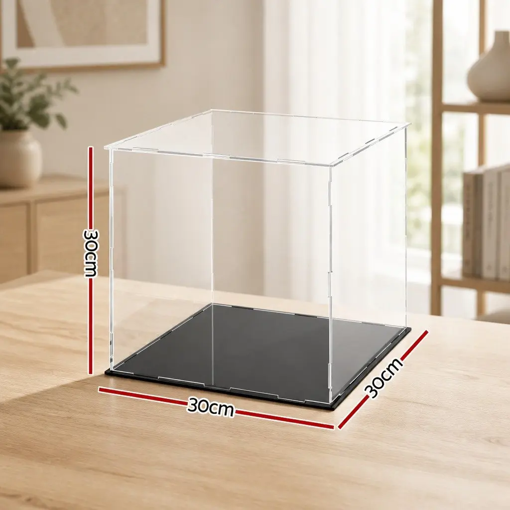 Acrylic Display Case Dustproof Box for Collectibles 30x30x30cm Transparent with Black Base