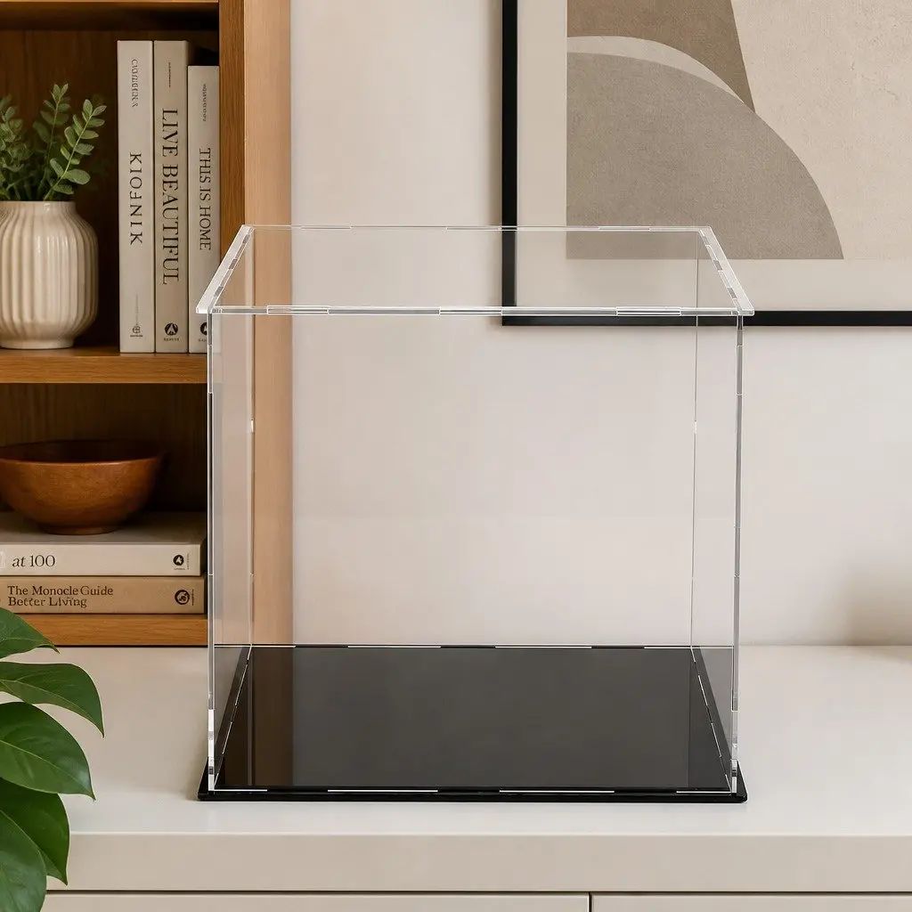 Acrylic Display Case Dustproof Box for Collectibles 30x30x30cm Transparent with Black Base