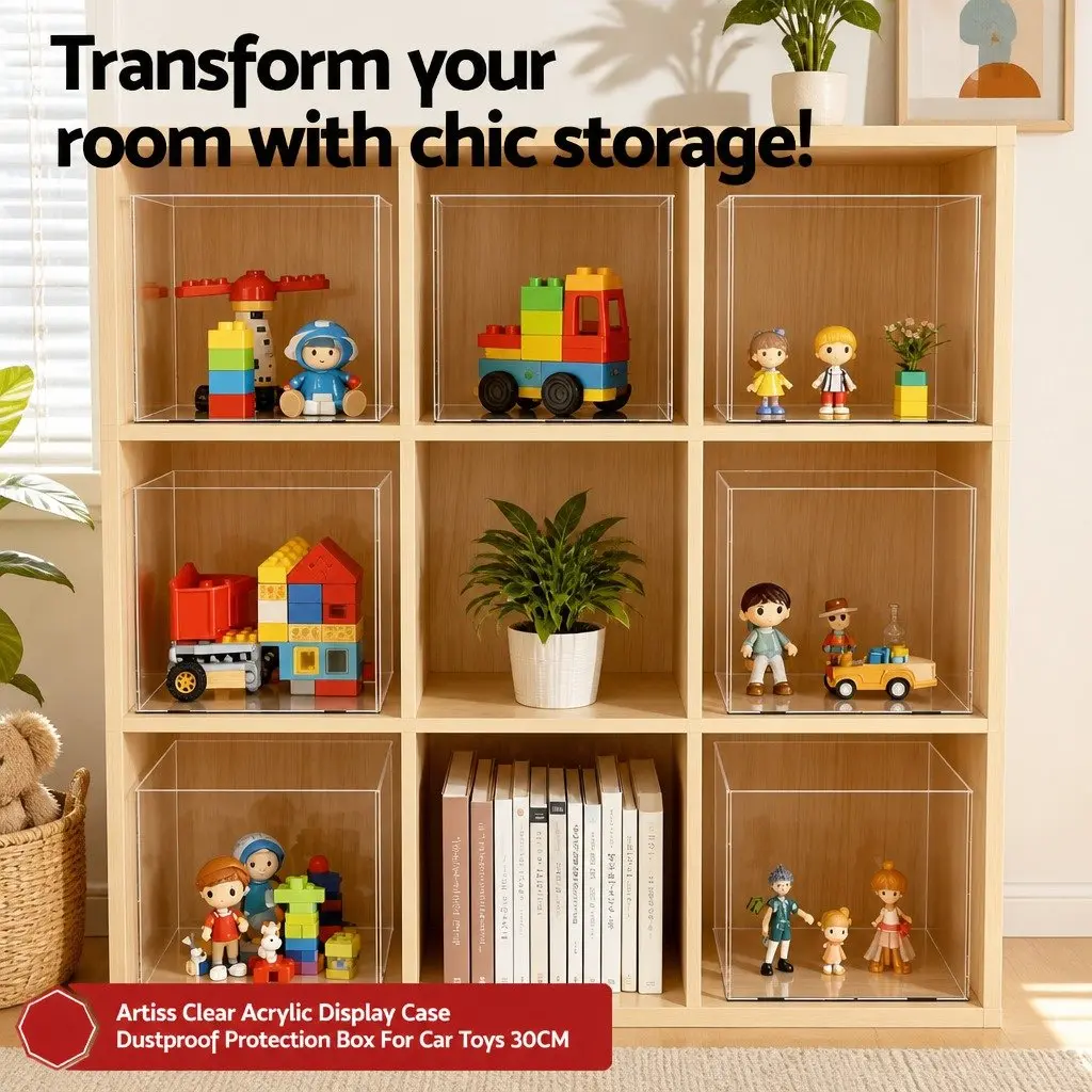 Acrylic Display Case Dustproof Box for Collectibles 30x30x30cm Transparent with Black Base