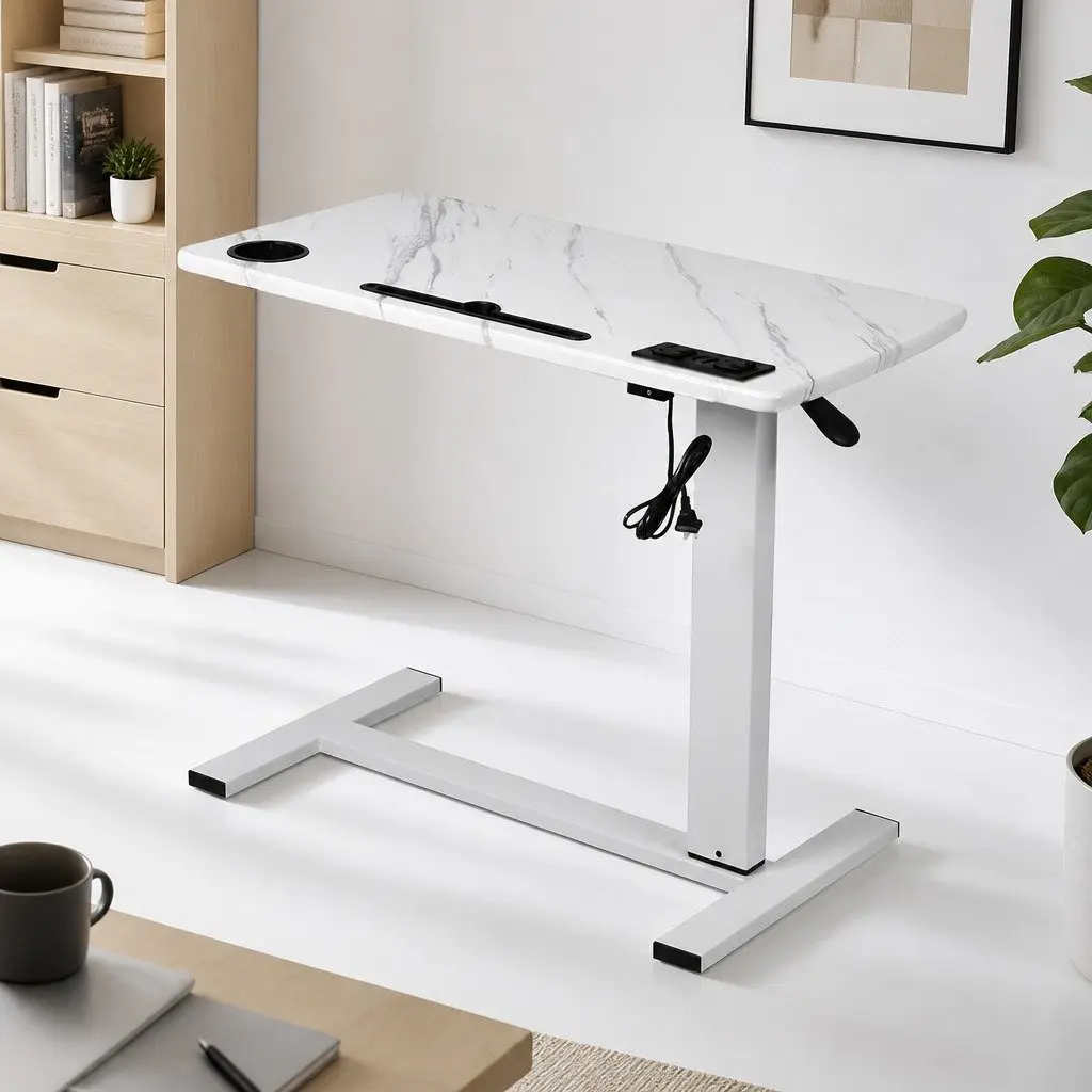 Height Adjustable Standing Desk White 65-93cm Home Office with Gas Lift Mechanism Power Points USB Ports and Tablet Groove