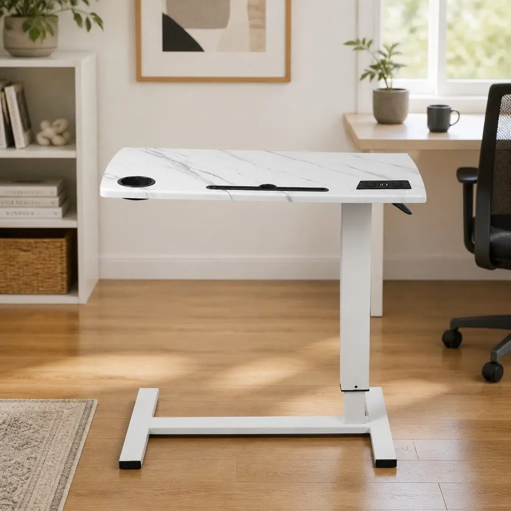 Height Adjustable Standing Desk White 65-93cm Home Office with Gas Lift Mechanism Power Points USB Ports and Tablet Groove