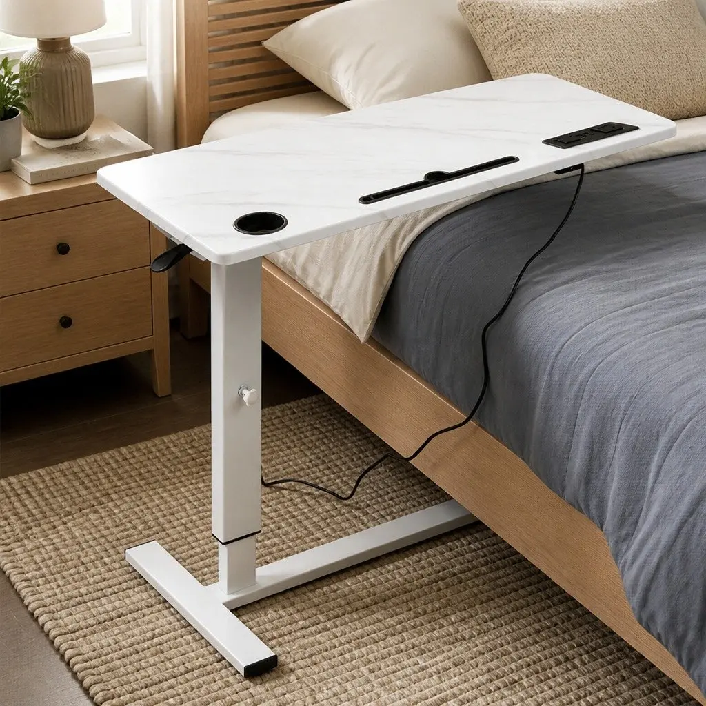 Height Adjustable Standing Desk White 65-93cm Home Office with Gas Lift Mechanism Power Points USB Ports and Tablet Groove