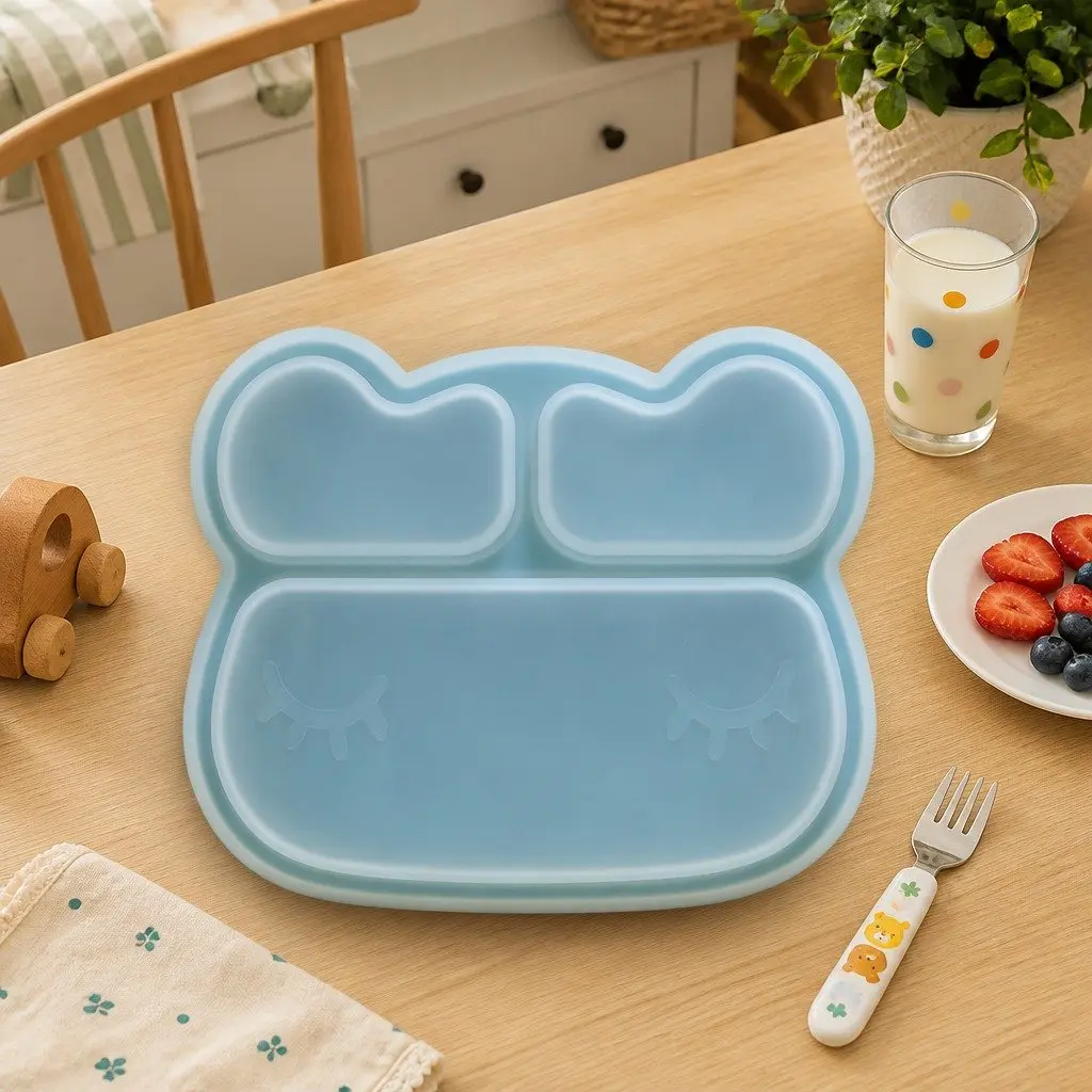 Kids Stickie Plate with Suction Base Three Section Divided Toddler Feeding Dish